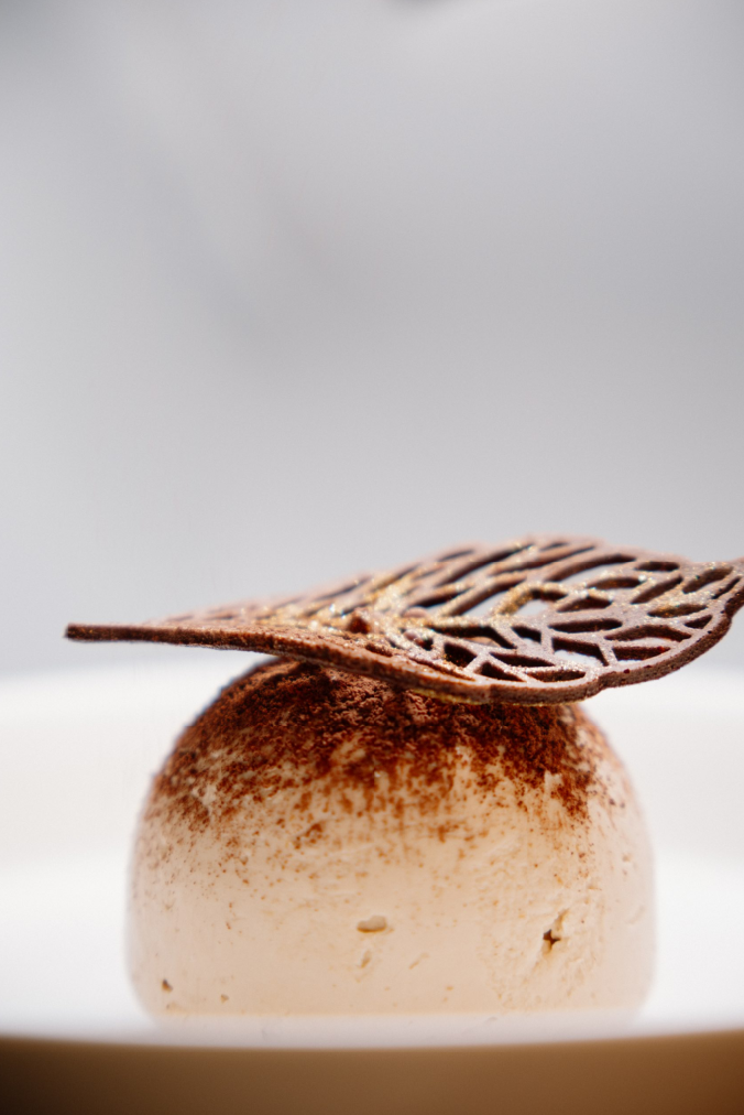 Decorative ball of tiramisu with a leaf-shaped cradle on a white surface