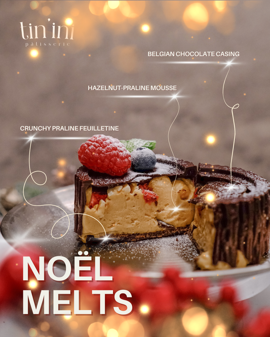 Delicate dessert with hazelnut praline mousse and crunchy praline feuilletine, featuring tinini brand on a blurred background & Christmas Themed.