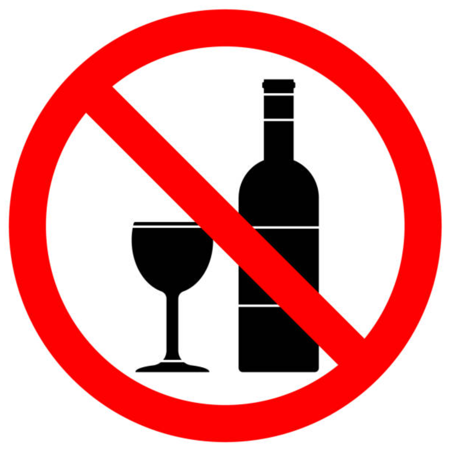 Prohibition sign with a red circle and diagonal line, indicating no alcohol.