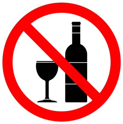 Prohibition sign with a red circle and diagonal line, indicating no alcohol.