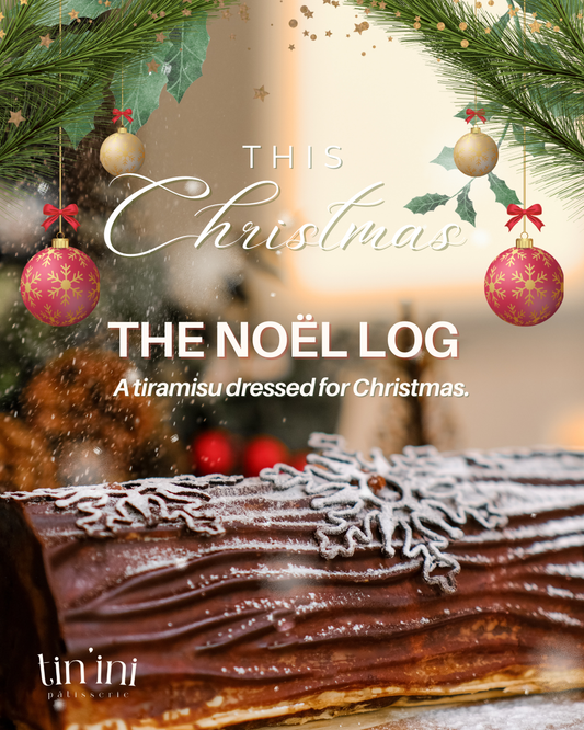 Christmas-themed tiramisu log cake with festive decorations and text overlay.